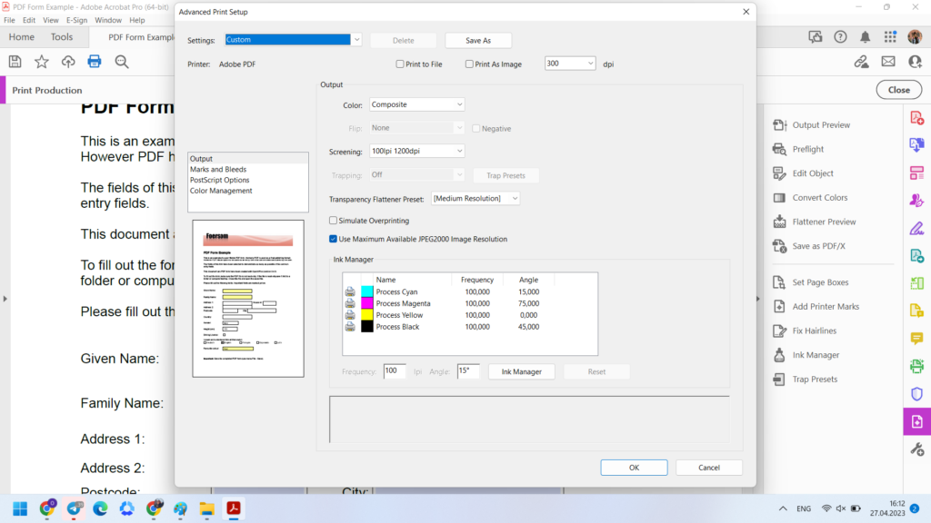 Advanced print settings in Adobe Acrobat