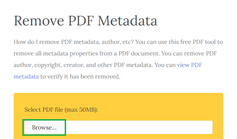 Browse for a PDF file to remove metadata from
