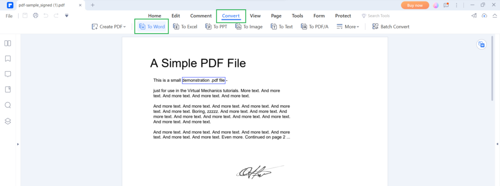 Converting a PDF file with a signature to Word