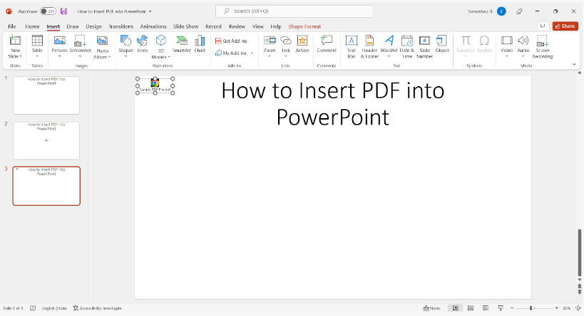 Using the Insert Option to insert PDF to PowerPoint presentation