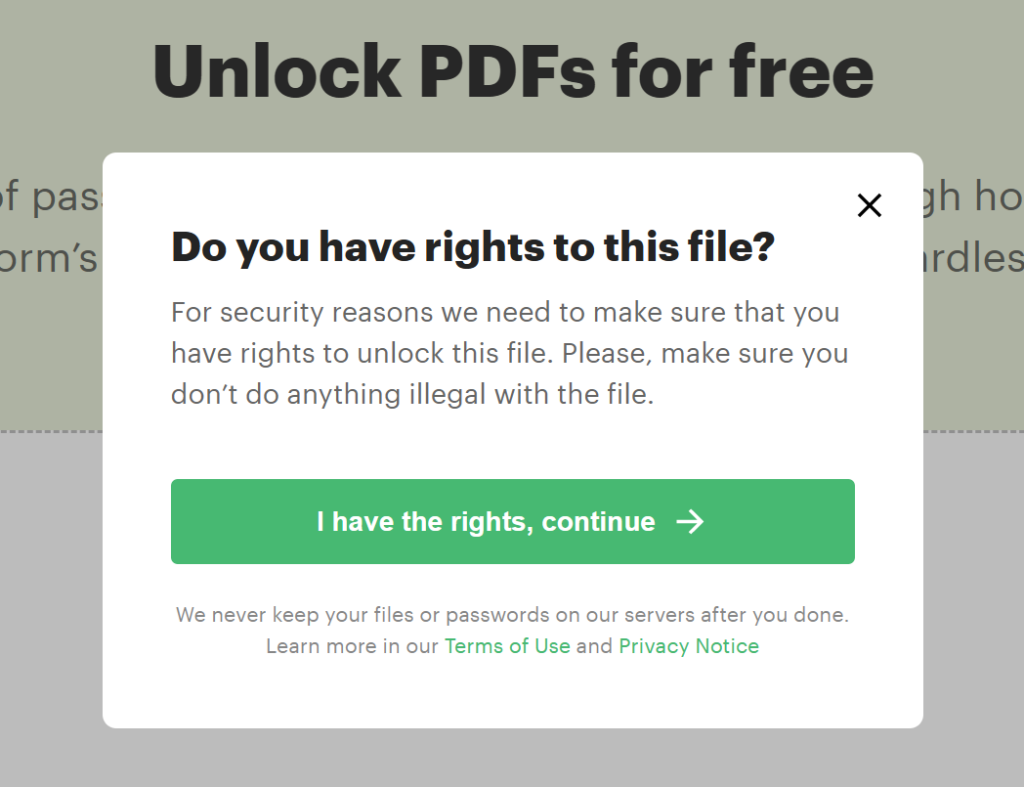 Pop up message about the rights to the file