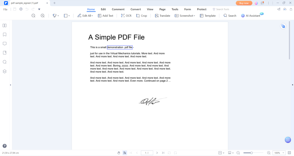 Signed PDF file opened in the PDF editor
