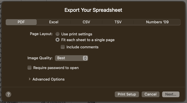 Exporting a spreadsheet to PDF